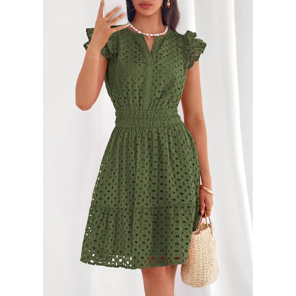 Women's Army Green V Neck Eyelet Cap Sleeve Summer Beach Vacation Sundresses - Picture 6 of 8